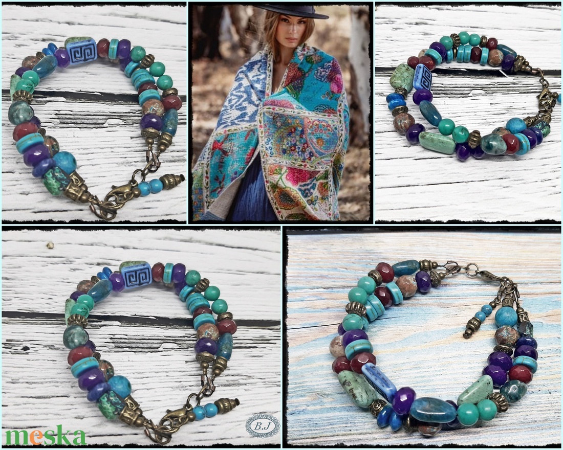 Színes, vidám vegyes ásvány karkötő - ékszer - karkötő - gyöngyös karkötő - Meska.hu