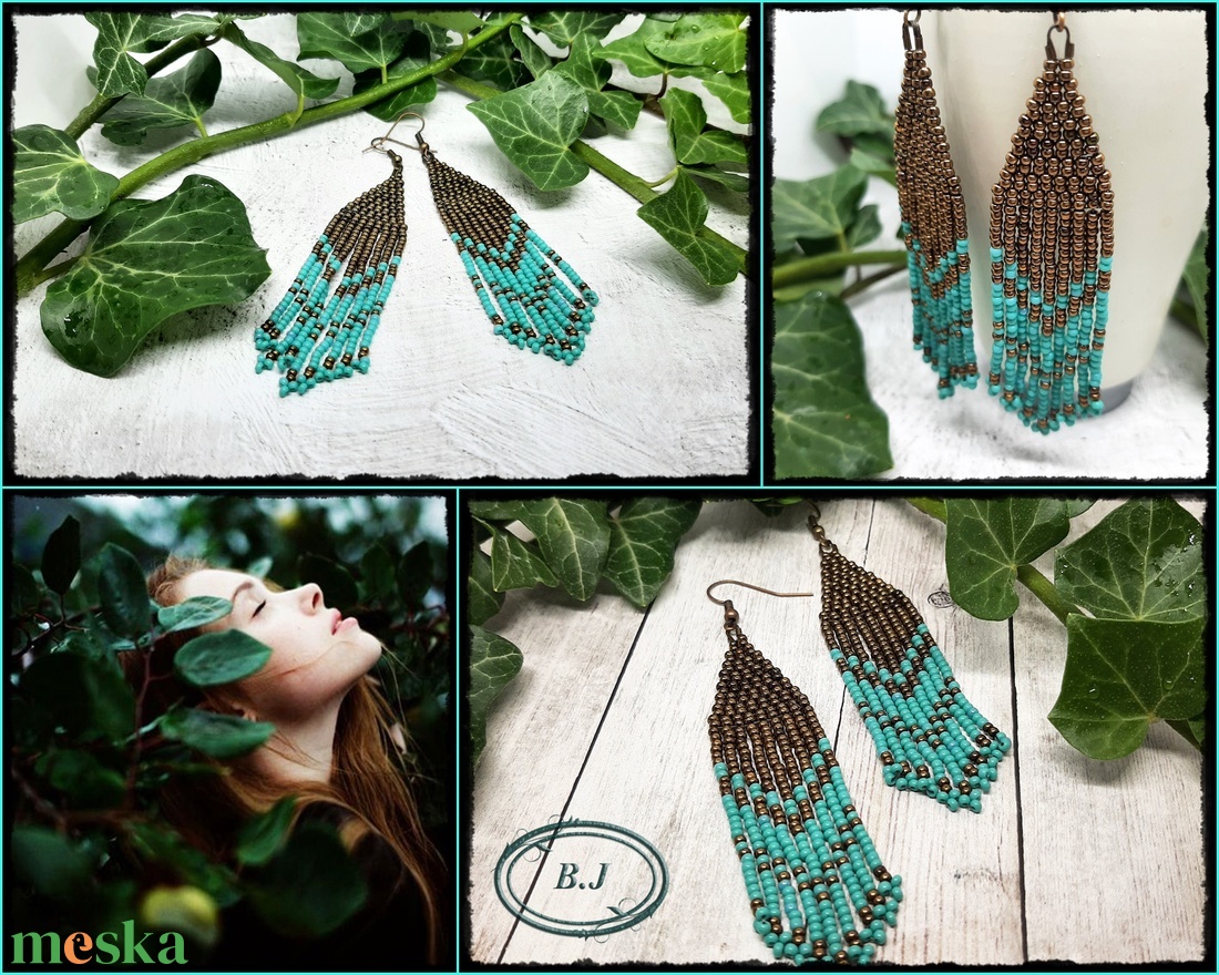 Türkiz-bronz fülbevaló - ékszer - fülbevaló - csillár fülbevaló - Meska.hu