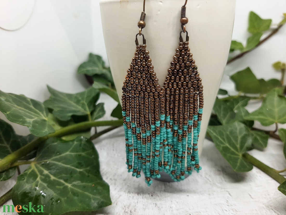 Türkiz-bronz fülbevaló - ékszer - fülbevaló - csillár fülbevaló - Meska.hu