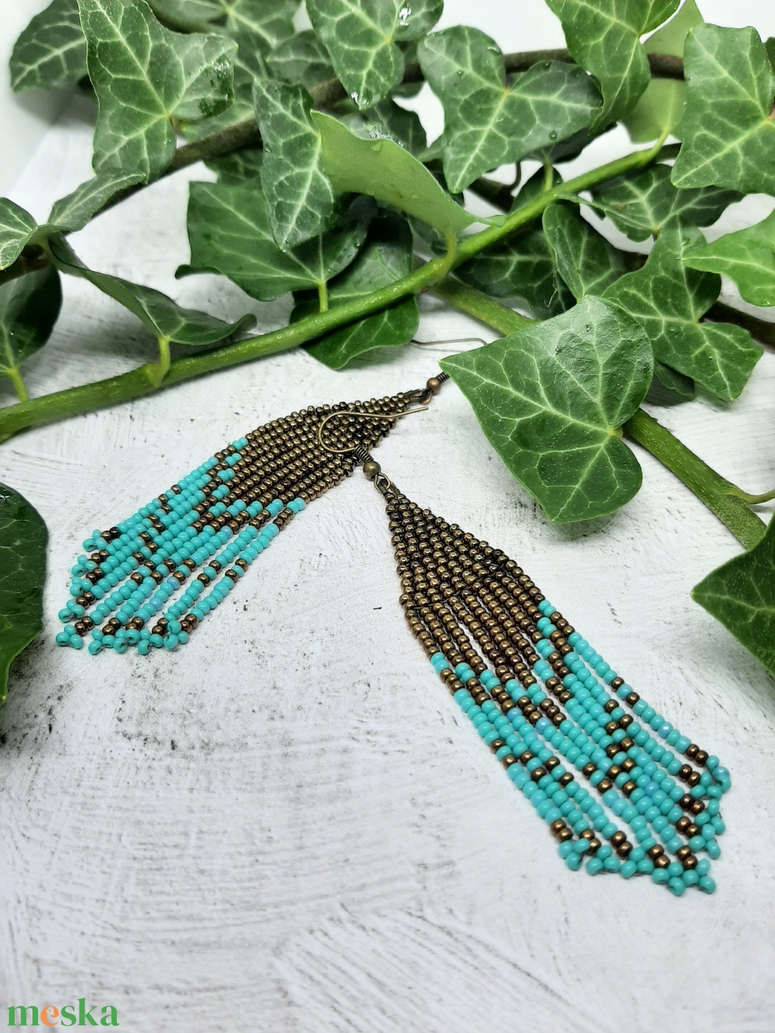 Türkiz-bronz fülbevaló - ékszer - fülbevaló - csillár fülbevaló - Meska.hu