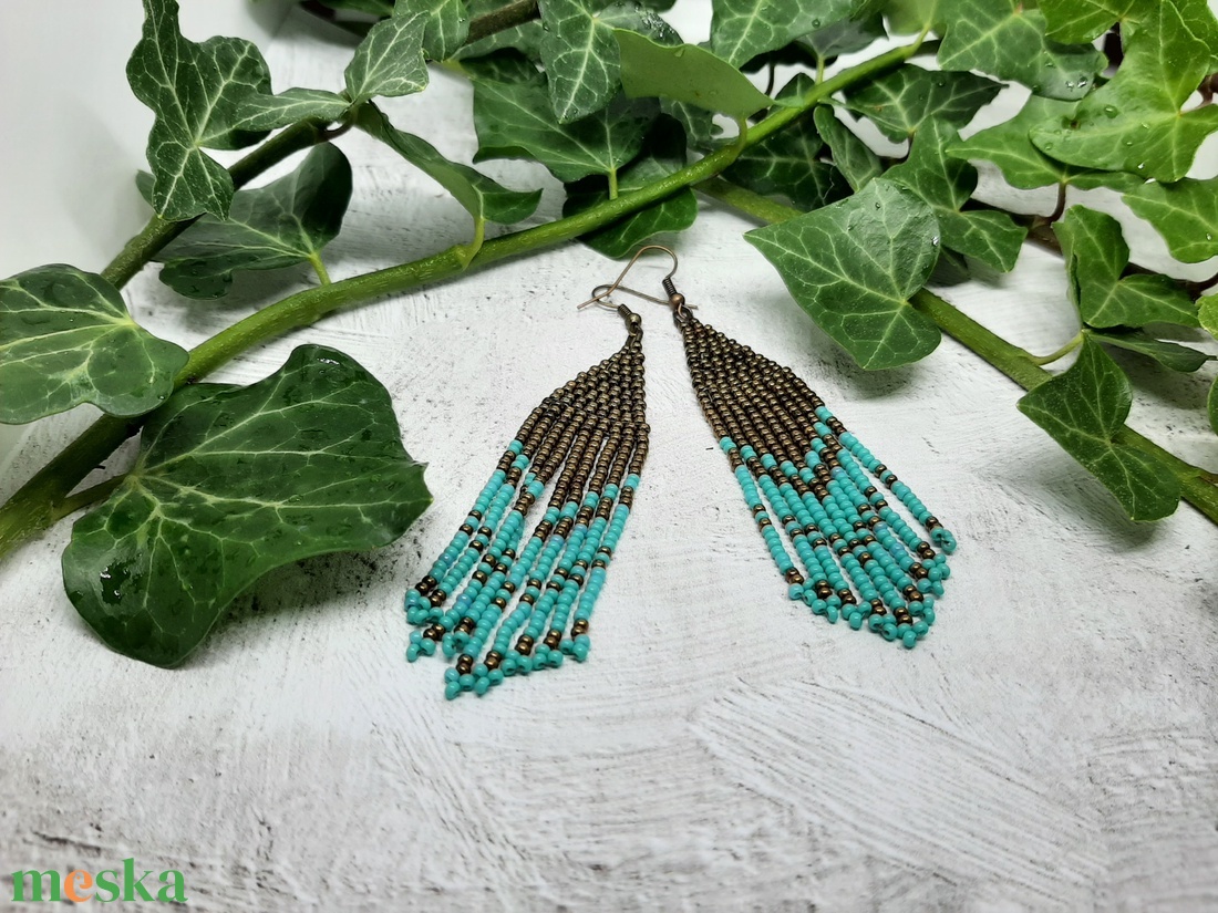 Türkiz-bronz fülbevaló - ékszer - fülbevaló - csillár fülbevaló - Meska.hu