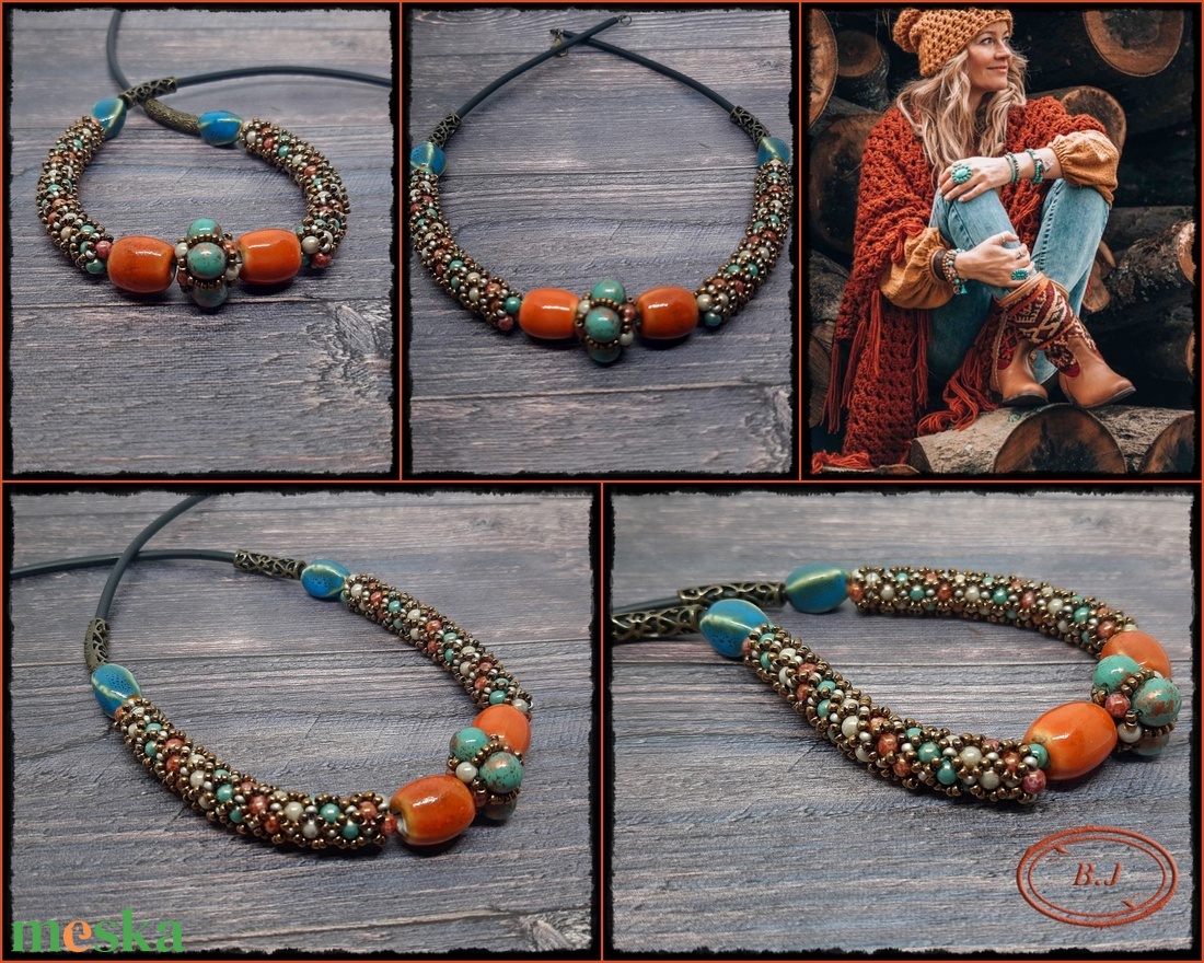 Türkiz-narancssárga nyaklánc, statement nyaklánc, vaskos nyaklánc - ékszer - nyaklánc - statement nyaklánc - Meska.hu