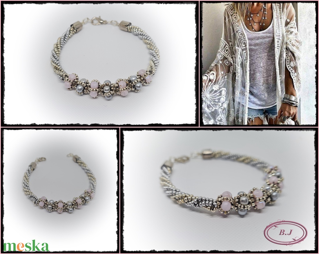 Ezüst és rózsaszin gyöngyös karkötő - ékszer - karkötő - bogyós karkötő - Meska.hu