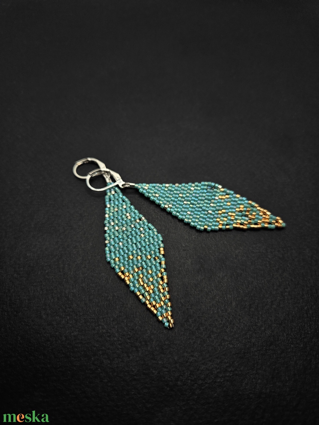 Türkiz-arany-ezüst fülbevaló - ékszer - fülbevaló - csillár fülbevaló - Meska.hu