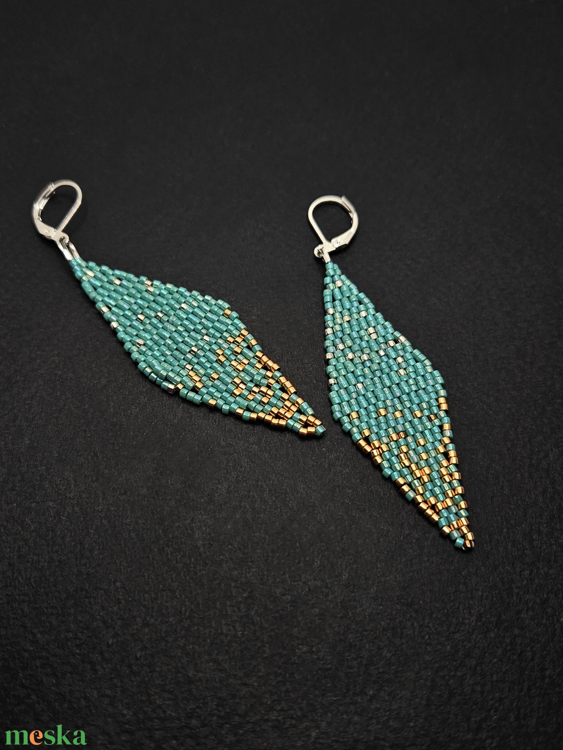 Türkiz-arany-ezüst fülbevaló - ékszer - fülbevaló - csillár fülbevaló - Meska.hu