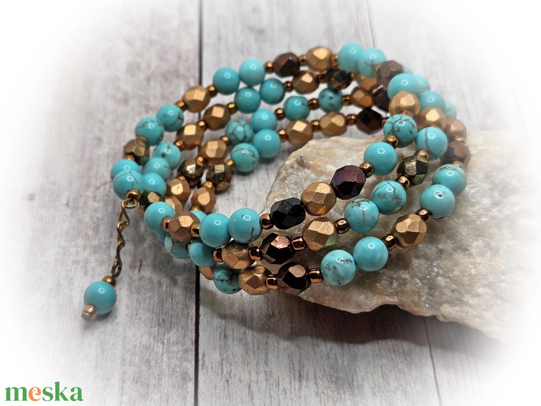 Türkiz-bronz-arany karkötő - ékszer - karkötő - széles karkötő - Meska.hu