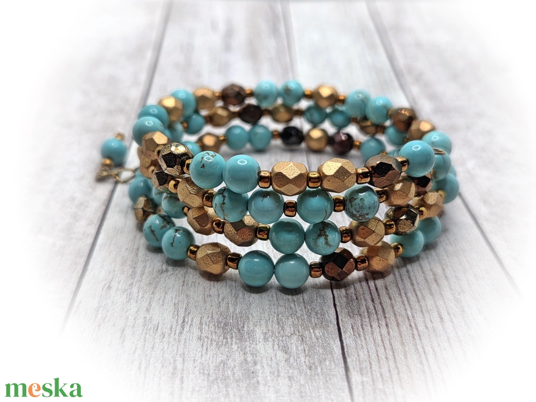 Türkiz-bronz-arany karkötő - ékszer - karkötő - széles karkötő - Meska.hu
