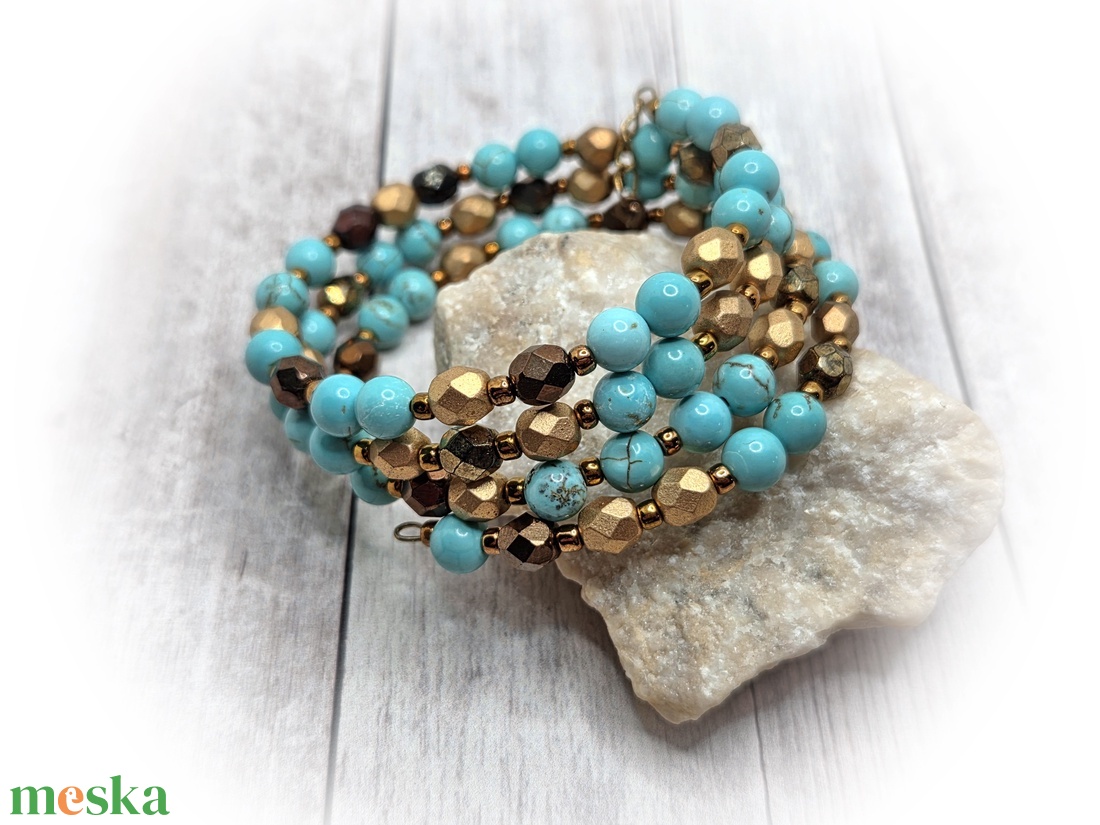 Türkiz-bronz-arany karkötő - ékszer - karkötő - széles karkötő - Meska.hu