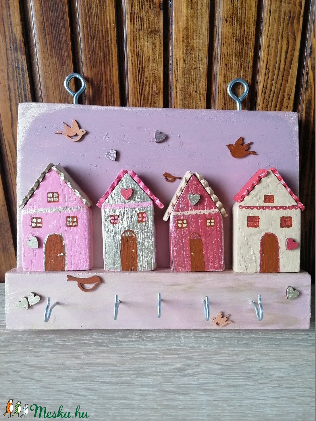 Valentin-napi falu kulcstartó, ékszertartó - fali kulcstartó, rózsaszín, egyedi ajándék - otthon & lakás - dekoráció - fali és függő dekoráció - fali kulcstartó - Meska.hu
