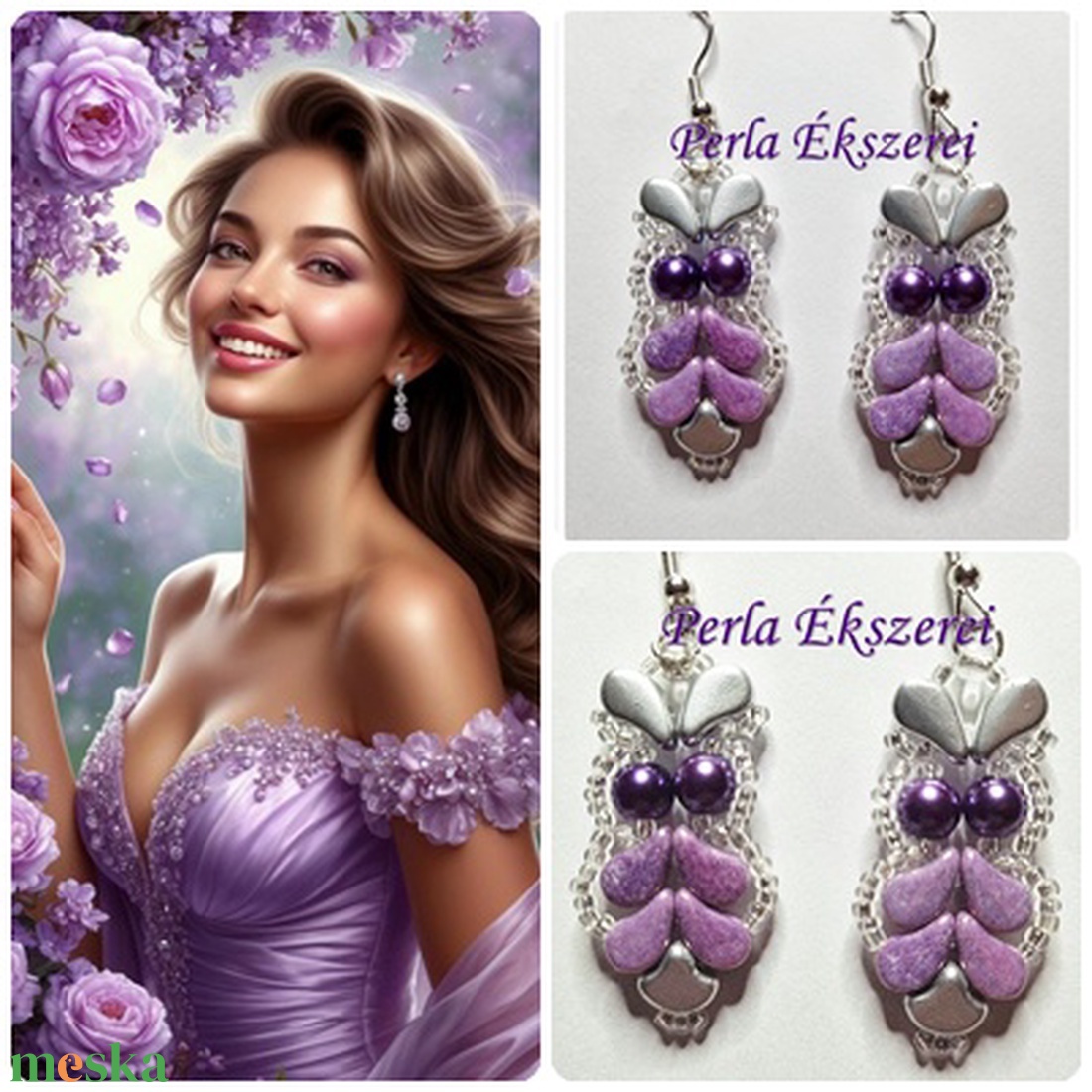 Bagoly Lilla fülbevaló - ékszer - fülbevaló - lógó fülbevaló - Meska.hu