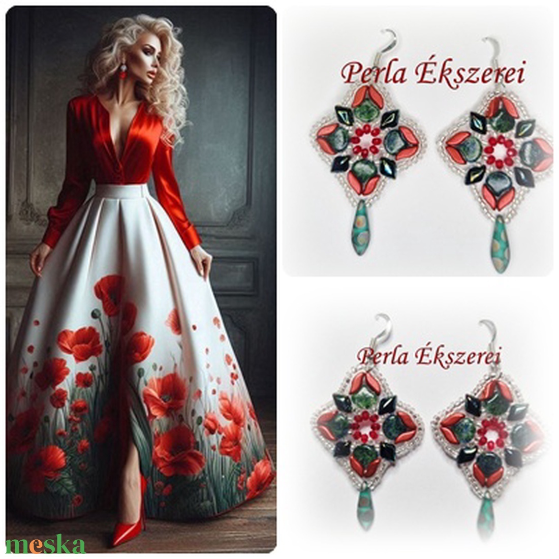 Virágos dallam nemzeti színekre hangolva - ékszer - fülbevaló - lógó fülbevaló - Meska.hu