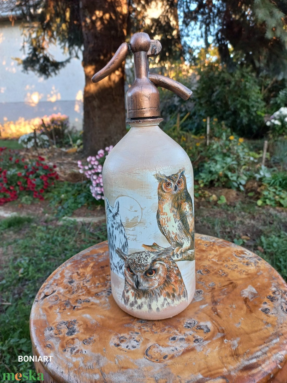 Retro szódásüveg bagollyal - otthon & életmód - dekoráció - asztal és polc dekoráció - díszüveg - Meska.hu