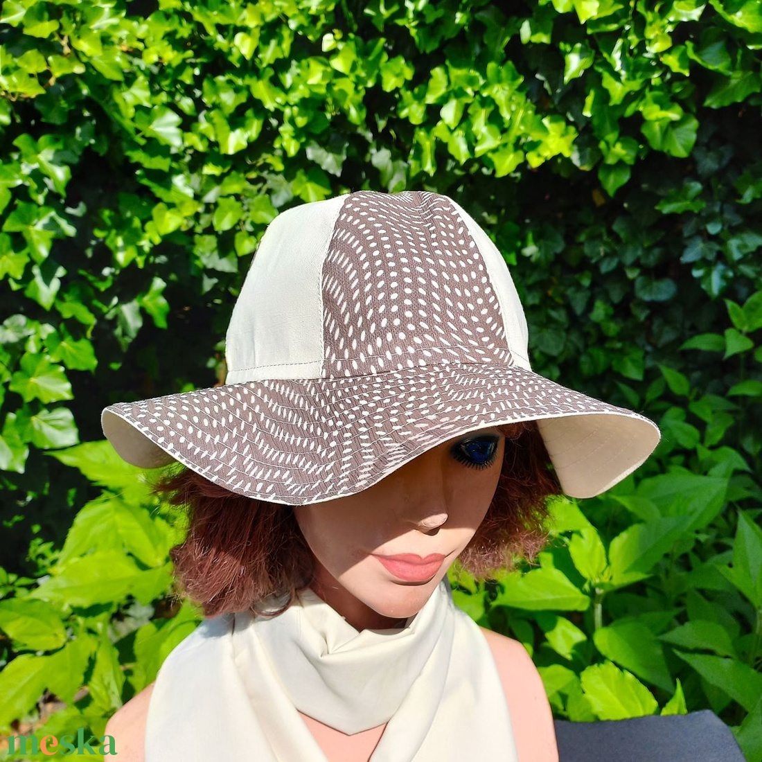  Női nyári varrott kalap, romantikus/ kombinált, beige - kakaó design mintás - ruha & divat - sál, sapka, kendő - kalap - Meska.hu