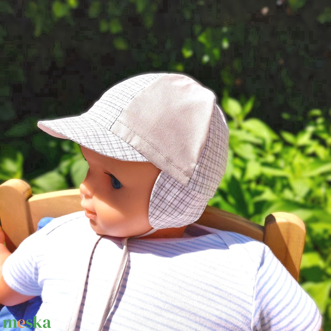 Labda sapka - fiú, füles, kombinált, drapp- drapp apró kockás - baba - mama - babaruházat - babasapka - Meska.hu