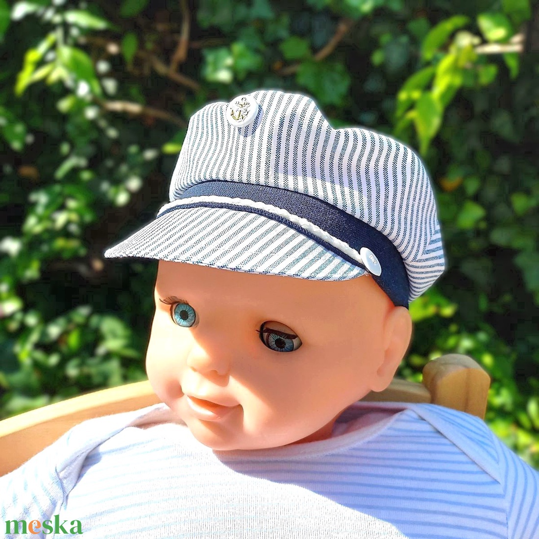 Kisfiú tengerész sapka / csíkos, fehér - baba - mama - babaruházat - babasapka - Meska.hu
