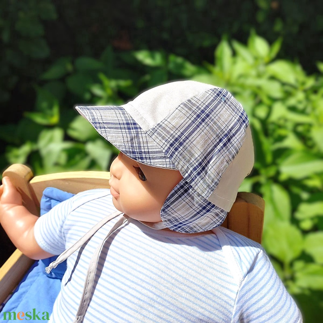 Labda sapka, kisfiú/ füles kombinált / drapp- kék nagykockás  - baba - mama - babaruházat - babasapka - Meska.hu