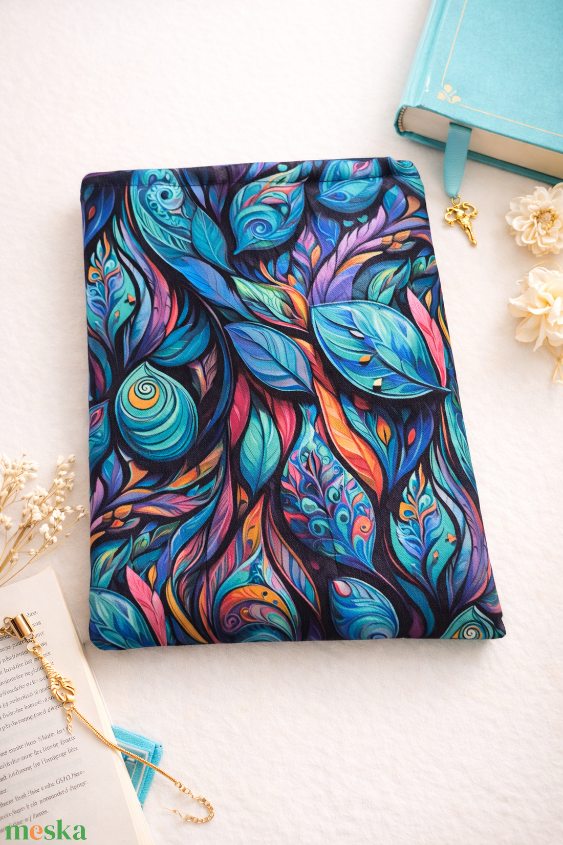 Türkiz, levél mintás könyvvászon � Stílusos védelem kedvenc könyveidnek - Nagyméretű - könyv & zene - könyvtok - Meska.hu