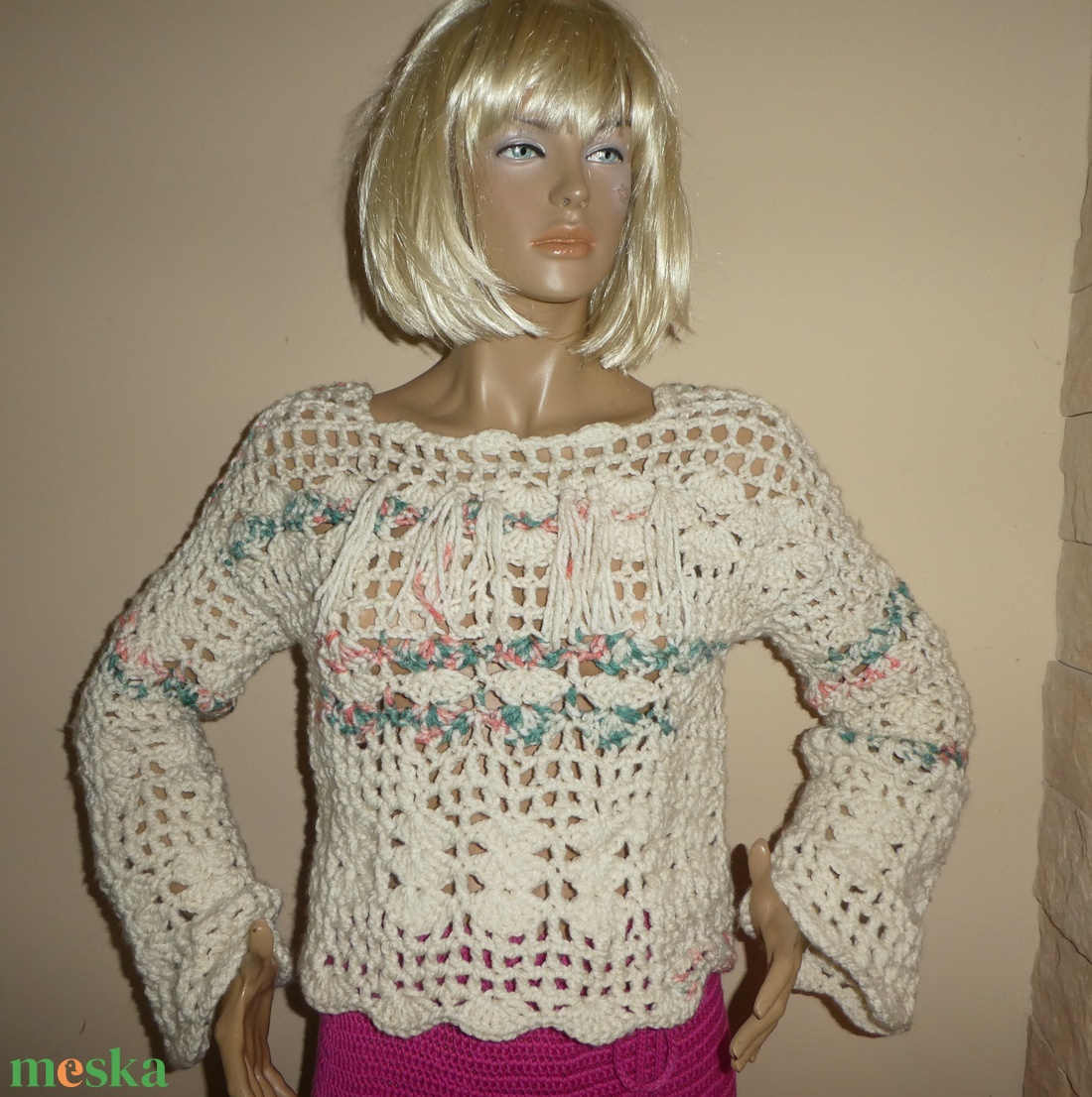 horgolt meleg bő laza s-m-es pulcsi - ruha & divat - női ruha - pulóver - Meska.hu