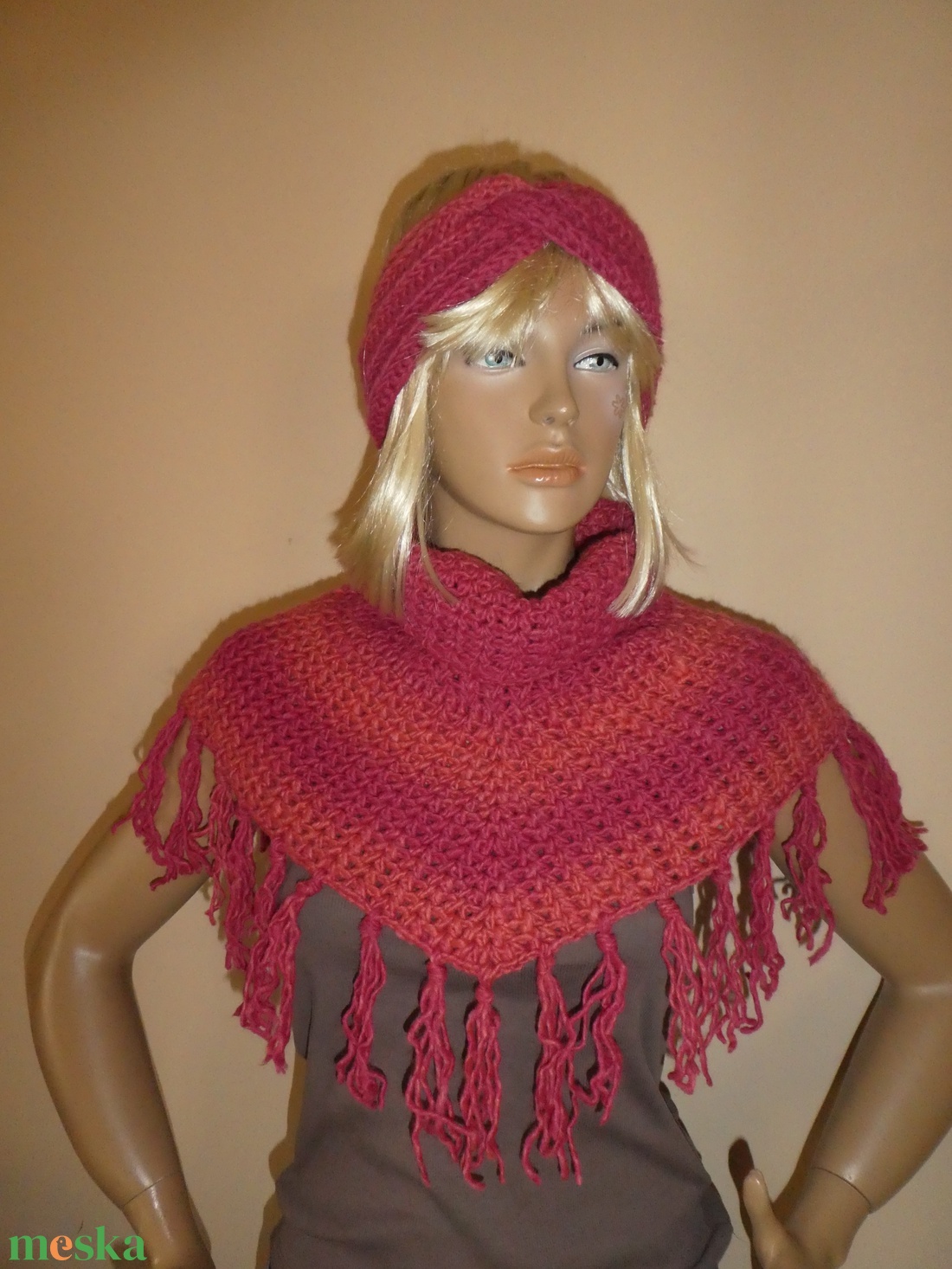 horgolt sál poncsó kendő+ fejpánt - ruha & divat - női ruha - kardigánok - Meska.hu