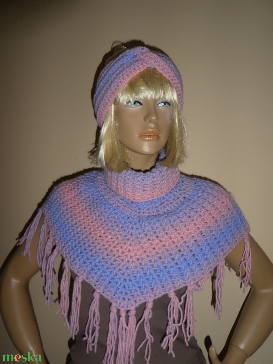 horgolt sál poncsó kendő+ fejpánt - ruha & divat - női ruha - kardigánok - Meska.hu