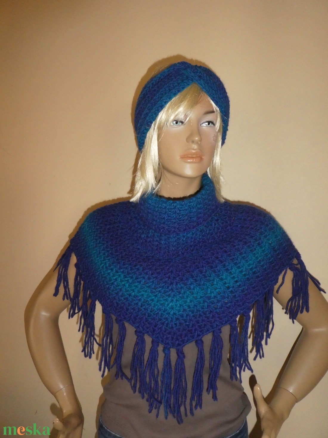 horgolt sál poncsó kendő+ fejpánt - ruha & divat - női ruha - kardigánok - Meska.hu