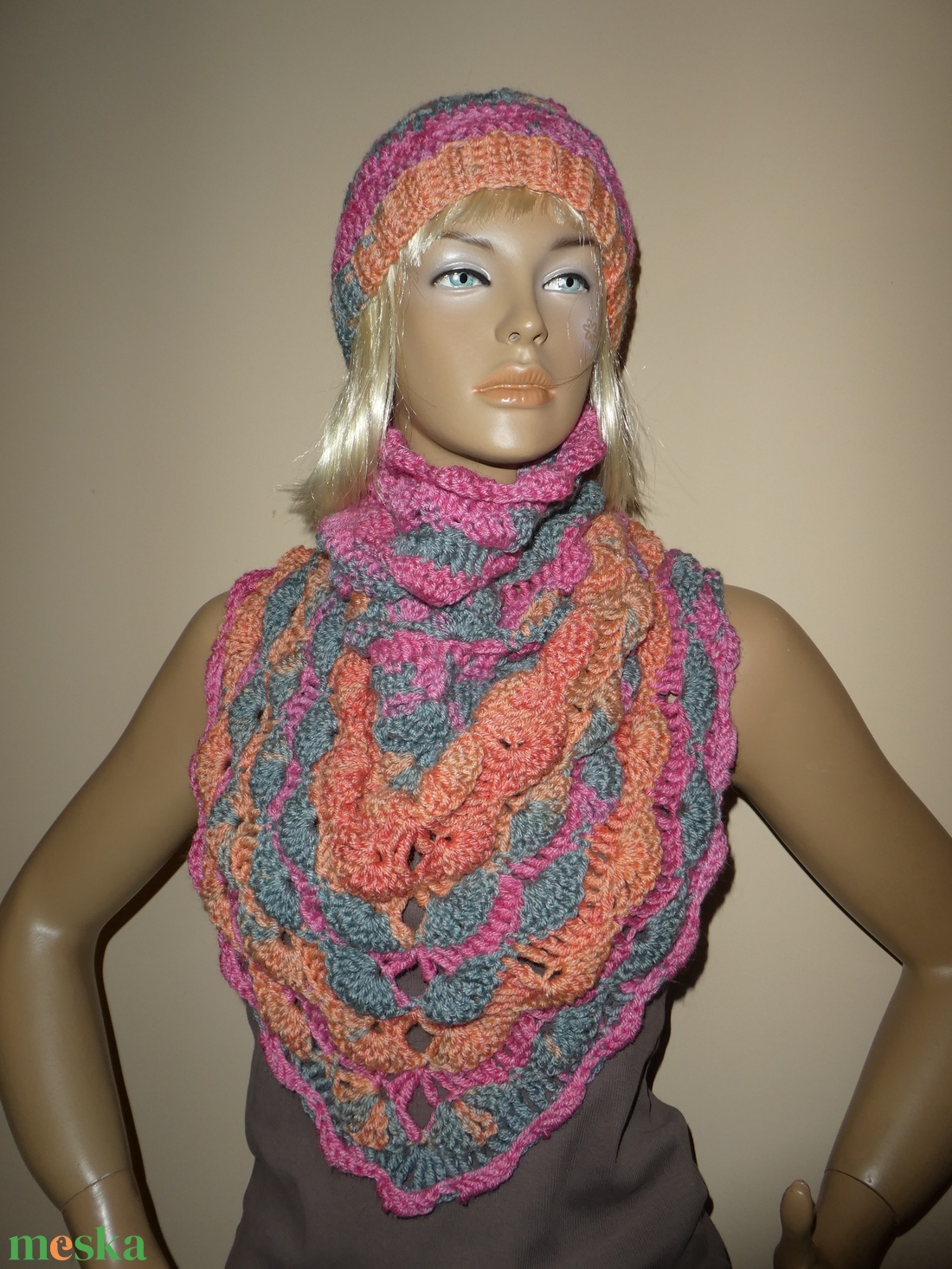 horgolt sál kendő+ sapka - ruha & divat - női ruha - kardigánok - Meska.hu