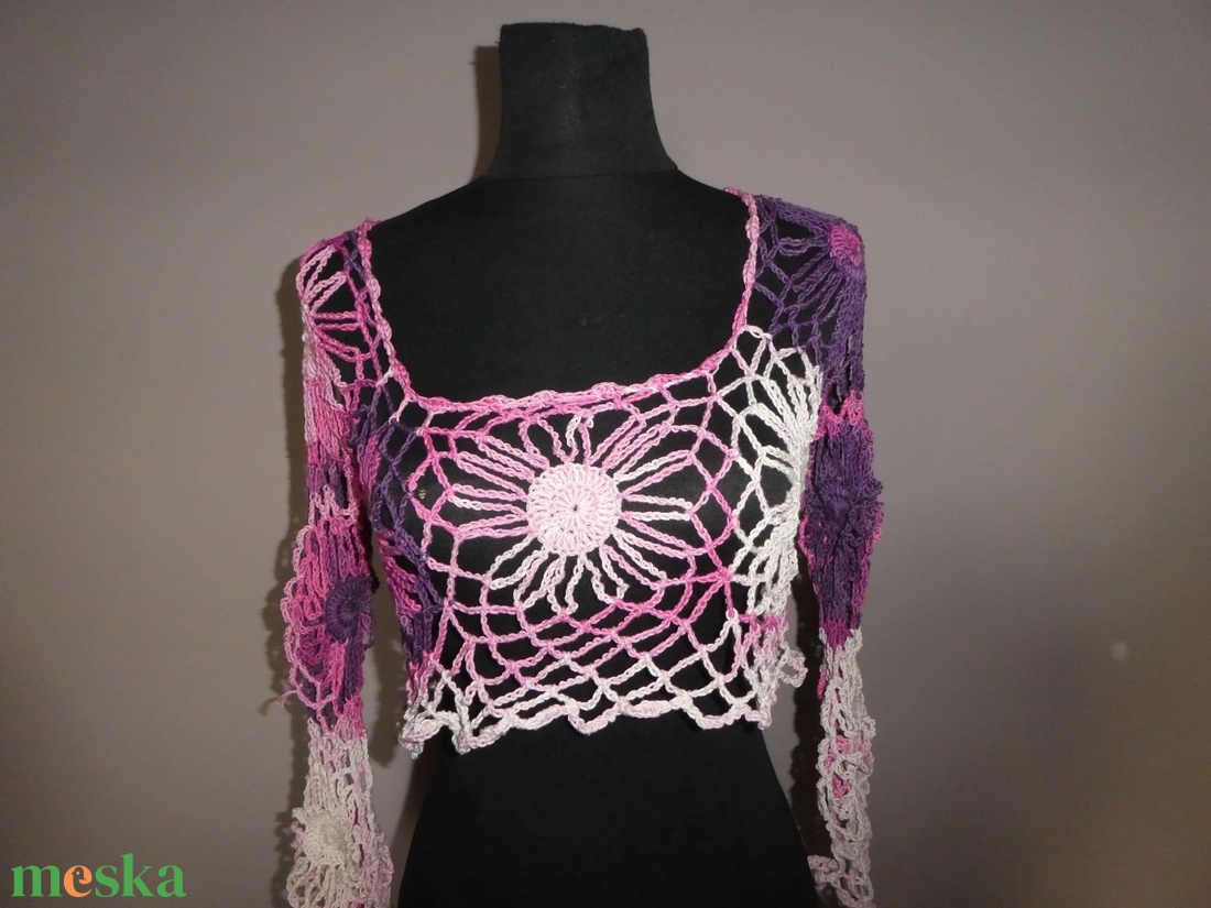 horgolt rövid felső 3/4-es ujjú s-m-es  - ruha & divat - női ruha - mellény - Meska.hu