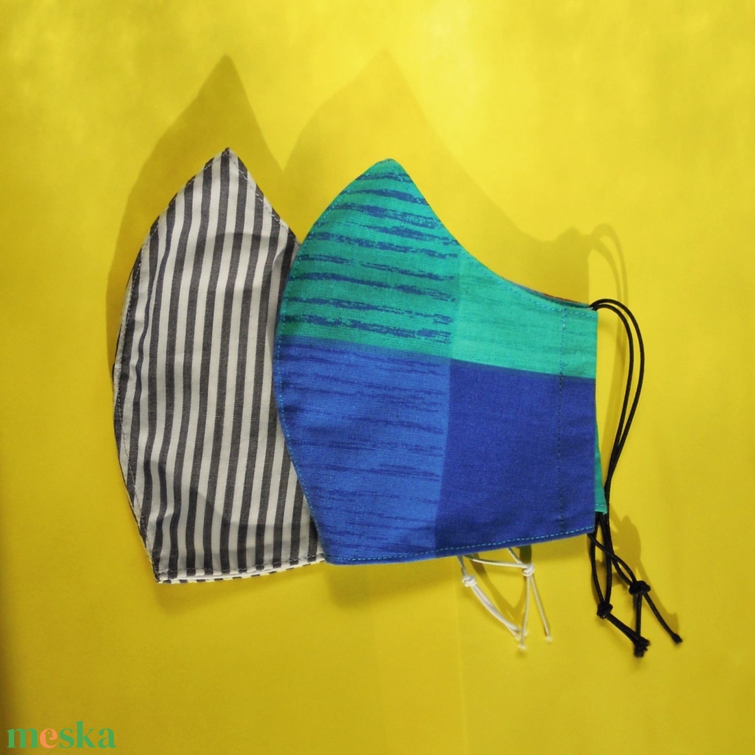 2 db kék-zöld és szürke csíkos-kockás M méretű arcmaszk - ruha & divat - maszk, arcmaszk - Meska.hu