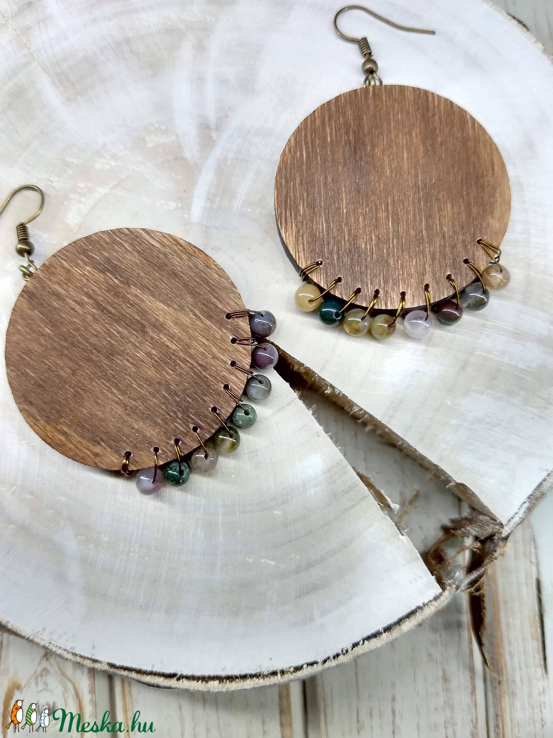 Kerek fa fülbevaló moss agate gyöngyökkel - - Meska.hu Kerek fa fülbevaló moss agate gyöngyökkel - - Meska.hu