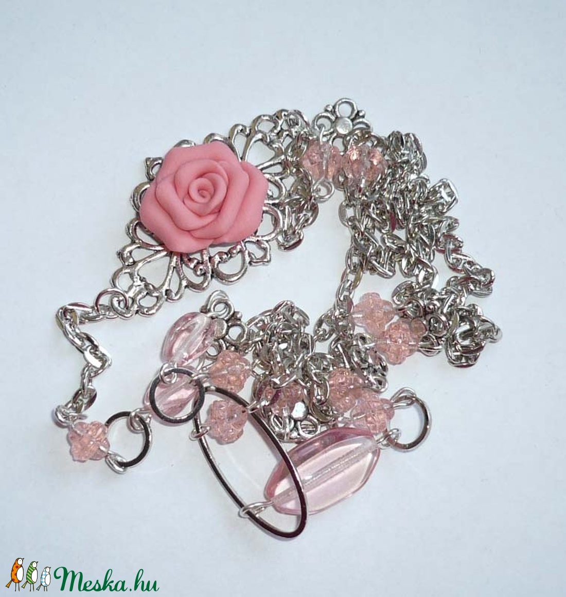 Lazacrózsaszín-ezüst hosszú asszimetrikus nyaklánc rózsával -  - Meska.hu