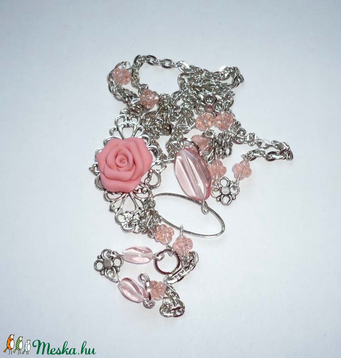 Lazacrózsaszín-ezüst hosszú asszimetrikus nyaklánc rózsával -  - Meska.hu
