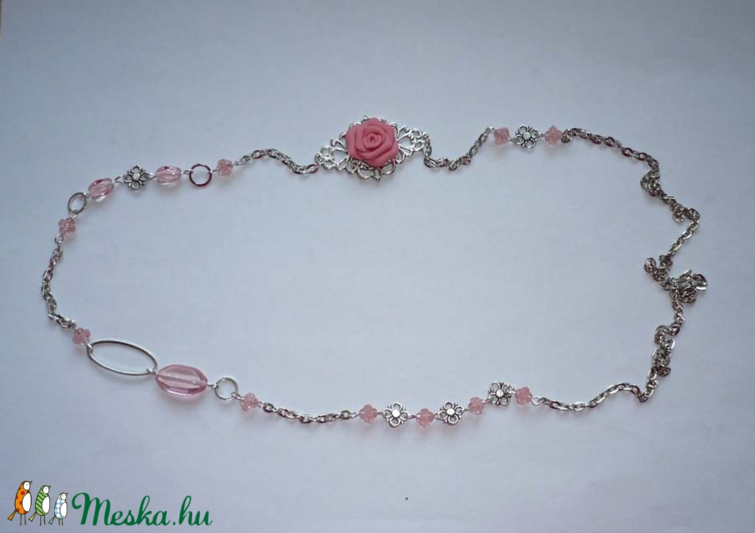 Lazacrózsaszín-ezüst hosszú asszimetrikus nyaklánc rózsával -  - Meska.hu