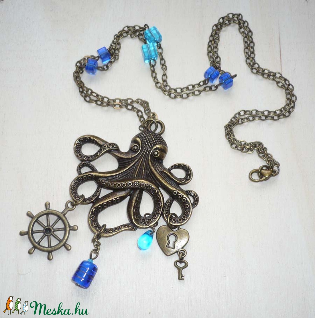 Tenger mélyén - türkiz, réz vintage nyaklánc óriás polip medállal - - Meska.hu Tenger mélyén - türkiz, réz vintage nyaklánc óriás polip medállal - - Meska.hu