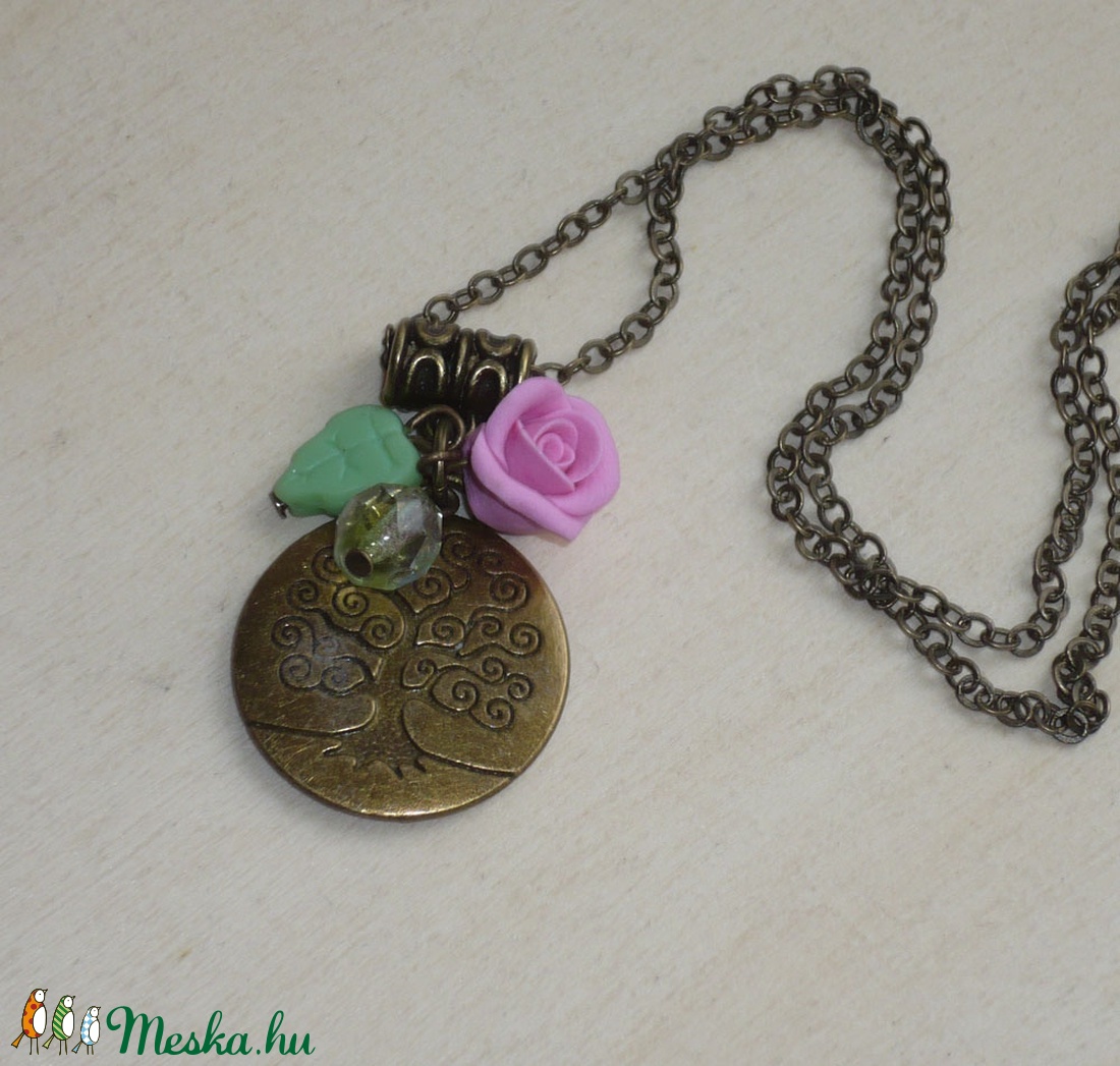 Életfa - réz nyaklánc zöld levéllel és rózsával - ékszer - nyaklánc - medálos nyaklánc - Meska.hu