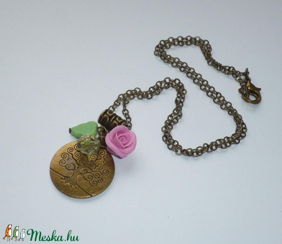 Életfa - réz nyaklánc zöld levéllel és rózsával - ékszer - nyaklánc - medálos nyaklánc - Meska.hu