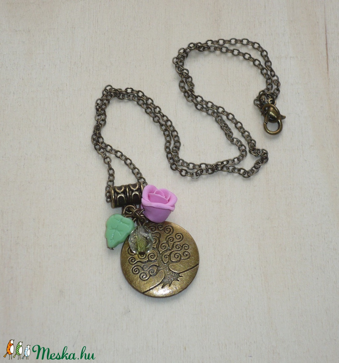 Életfa - réz nyaklánc zöld levéllel és rózsával - ékszer - nyaklánc - medálos nyaklánc - Meska.hu