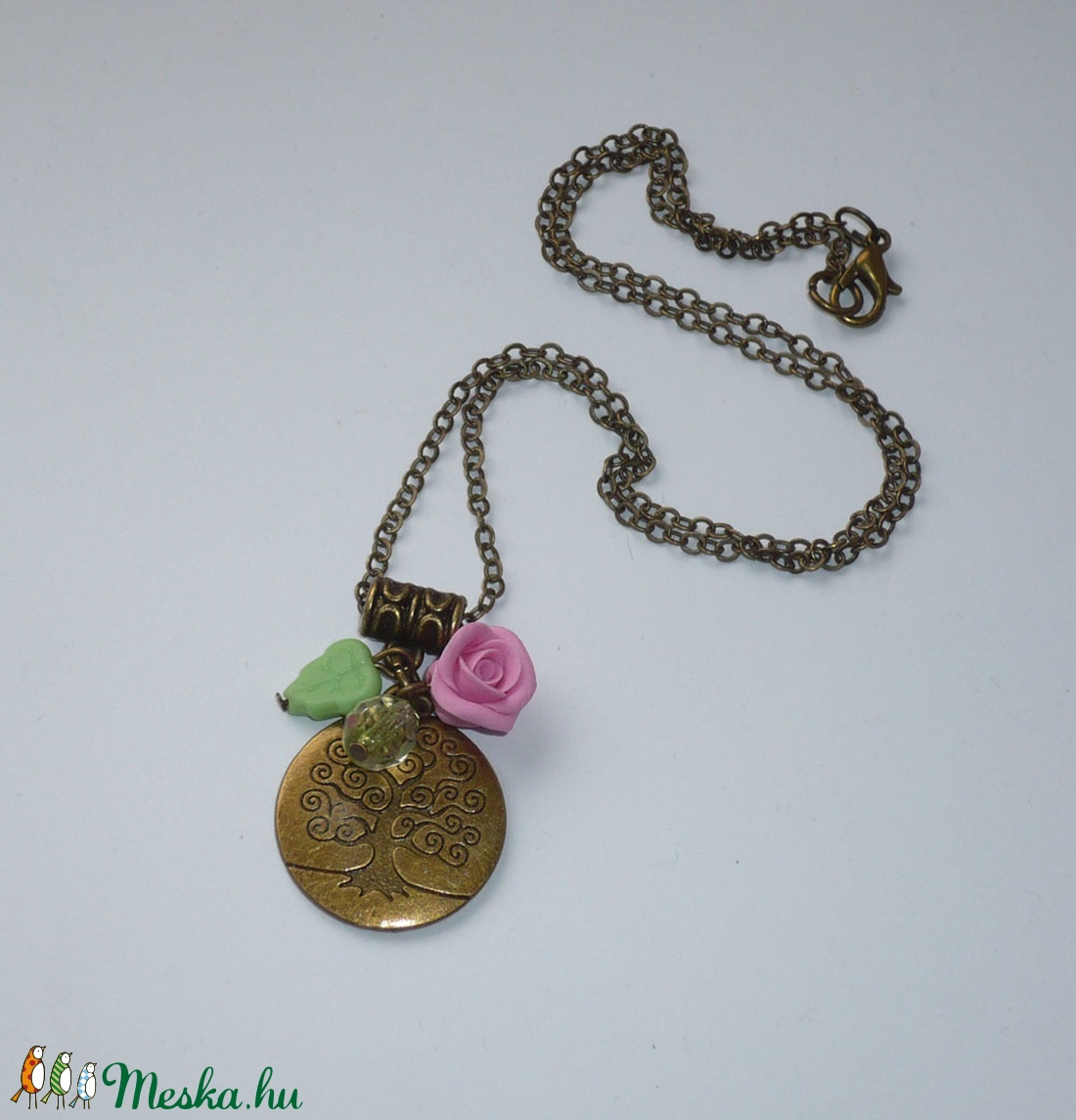 Életfa - réz nyaklánc zöld levéllel és rózsával - ékszer - nyaklánc - medálos nyaklánc - Meska.hu