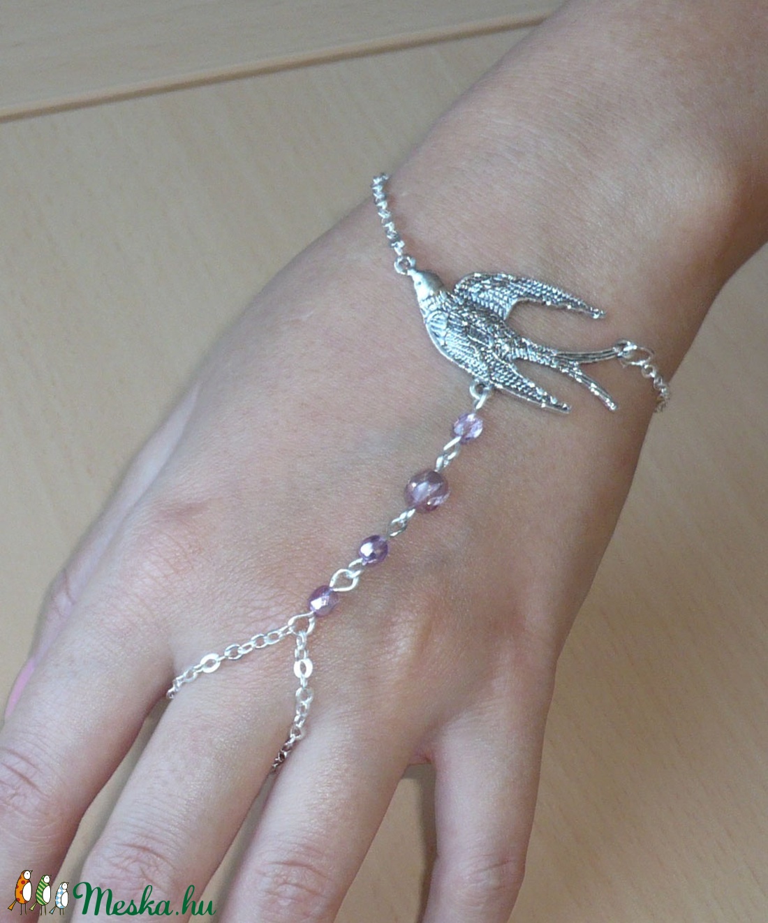 Galamb - rózsaszín, ezüst karkötő-gyűrű (kézfejkarkötő) -  - Meska.hu