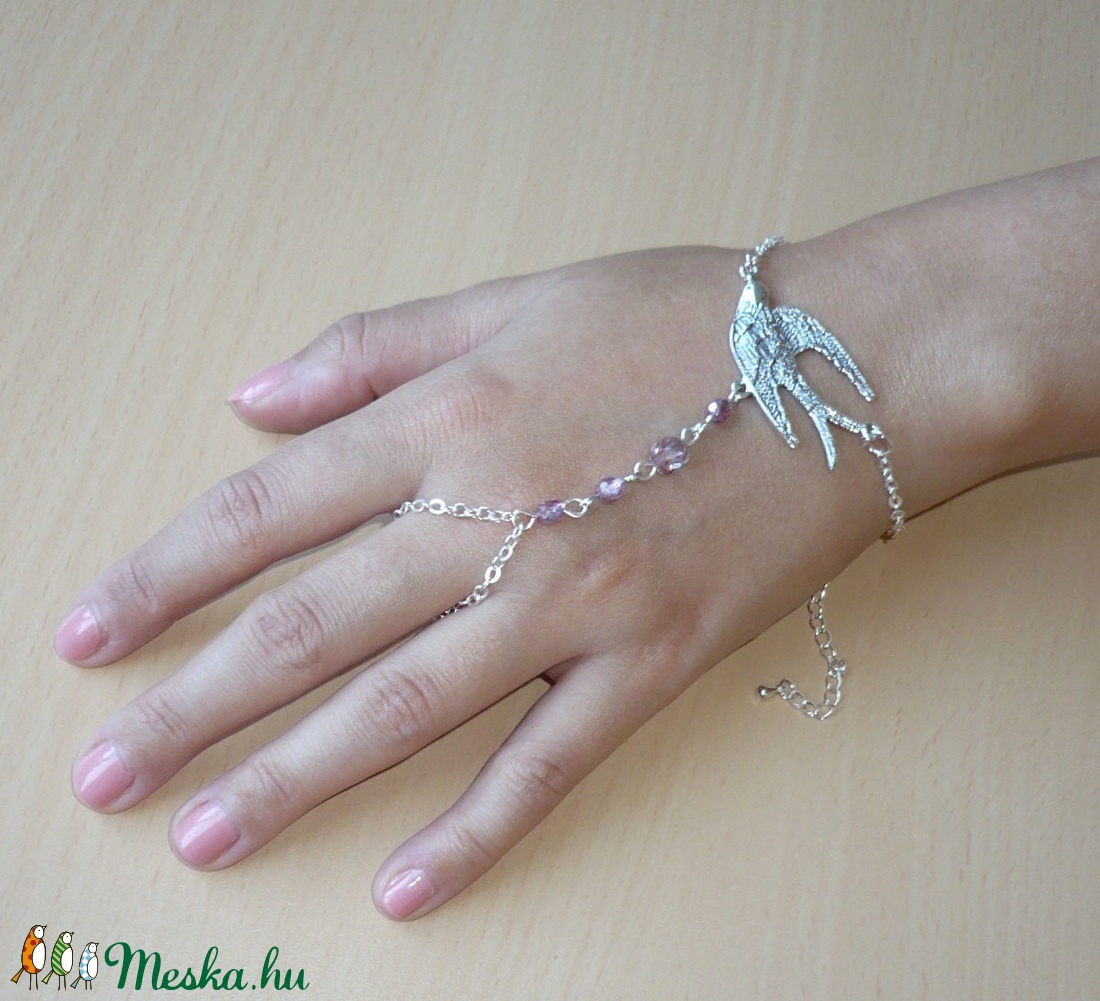 Galamb - rózsaszín, ezüst karkötő-gyűrű (kézfejkarkötő) -  - Meska.hu