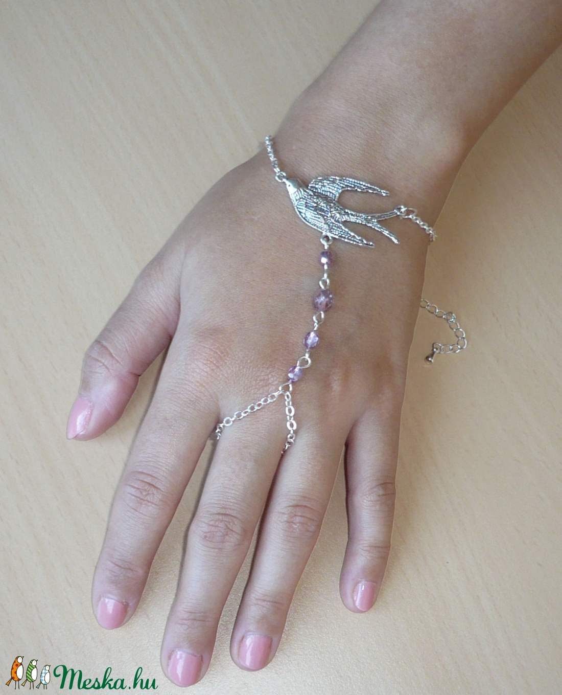 Galamb - rózsaszín, ezüst karkötő-gyűrű (kézfejkarkötő) -  - Meska.hu