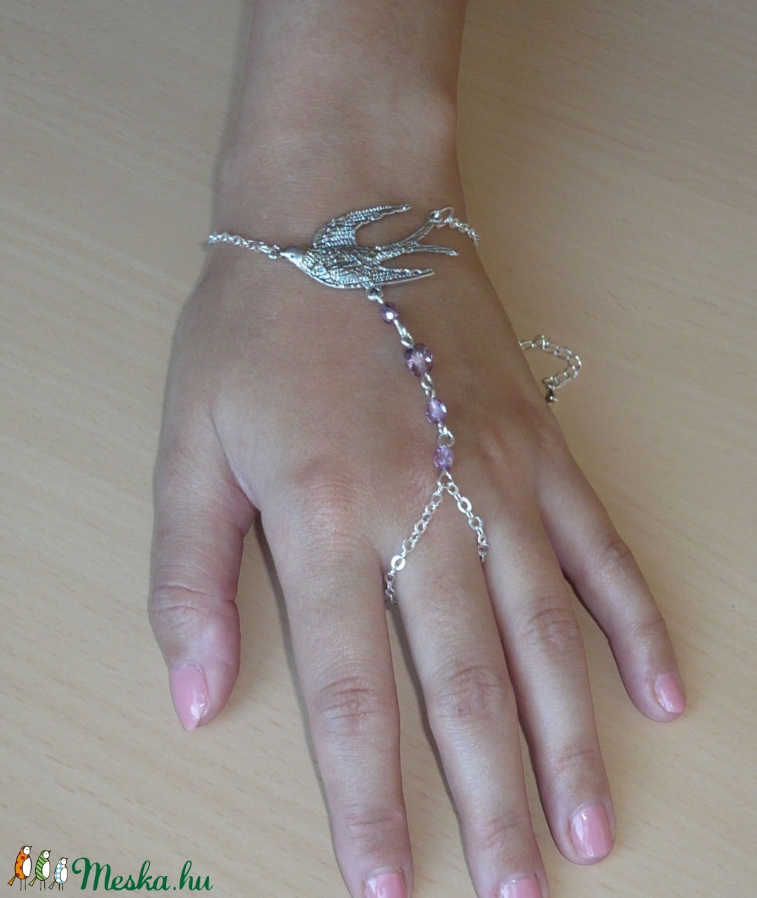 Galamb - rózsaszín, ezüst karkötő-gyűrű (kézfejkarkötő) -  - Meska.hu