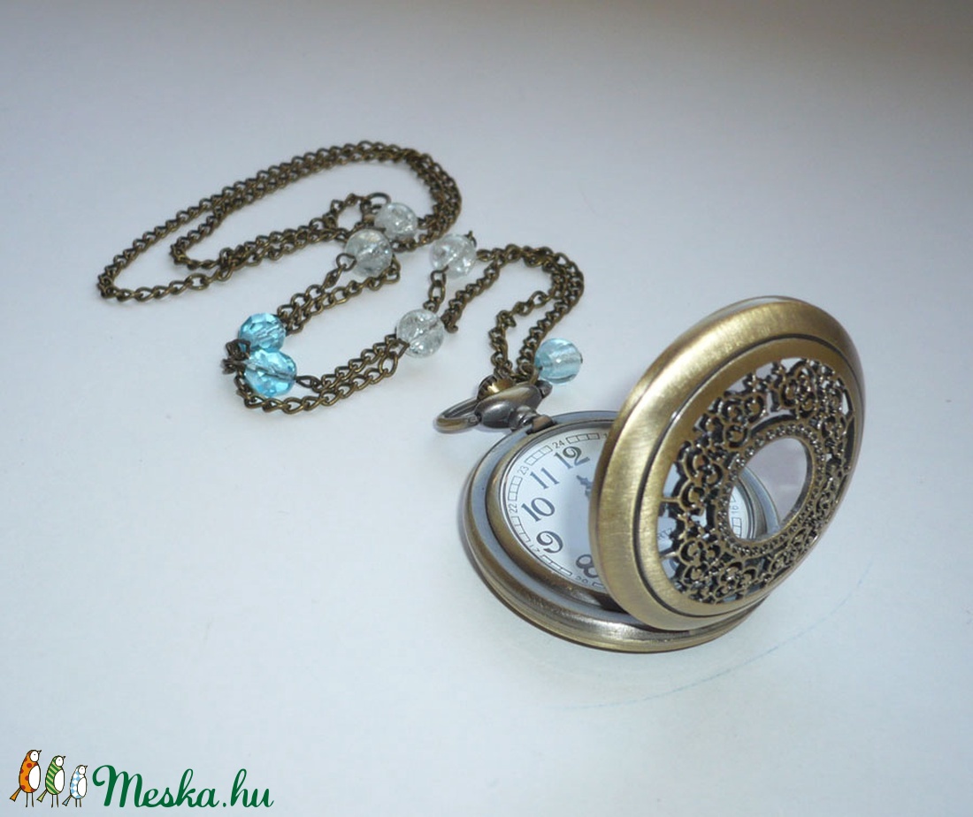 Gyönyörű kék gyöngyös réz óra-nyaklánc / ékszeróra -  - Meska.hu
