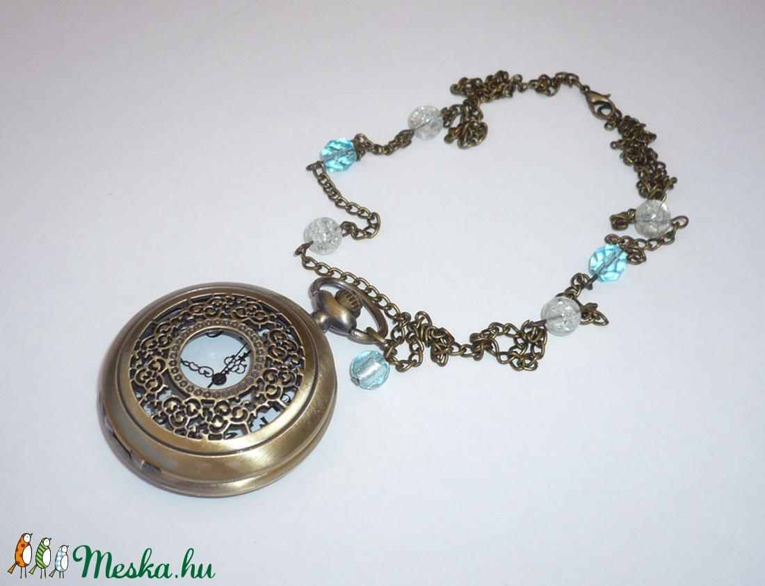 Gyönyörű kék gyöngyös réz óra-nyaklánc / ékszeróra -  - Meska.hu