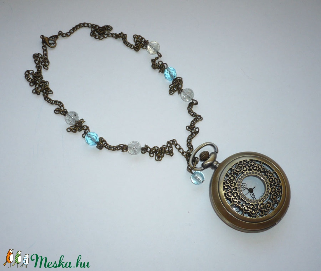 Gyönyörű kék gyöngyös réz óra-nyaklánc / ékszeróra -  - Meska.hu