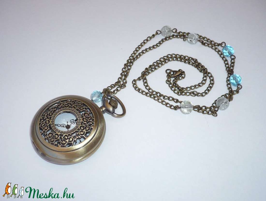 Gyönyörű kék gyöngyös réz óra-nyaklánc / ékszeróra -  - Meska.hu