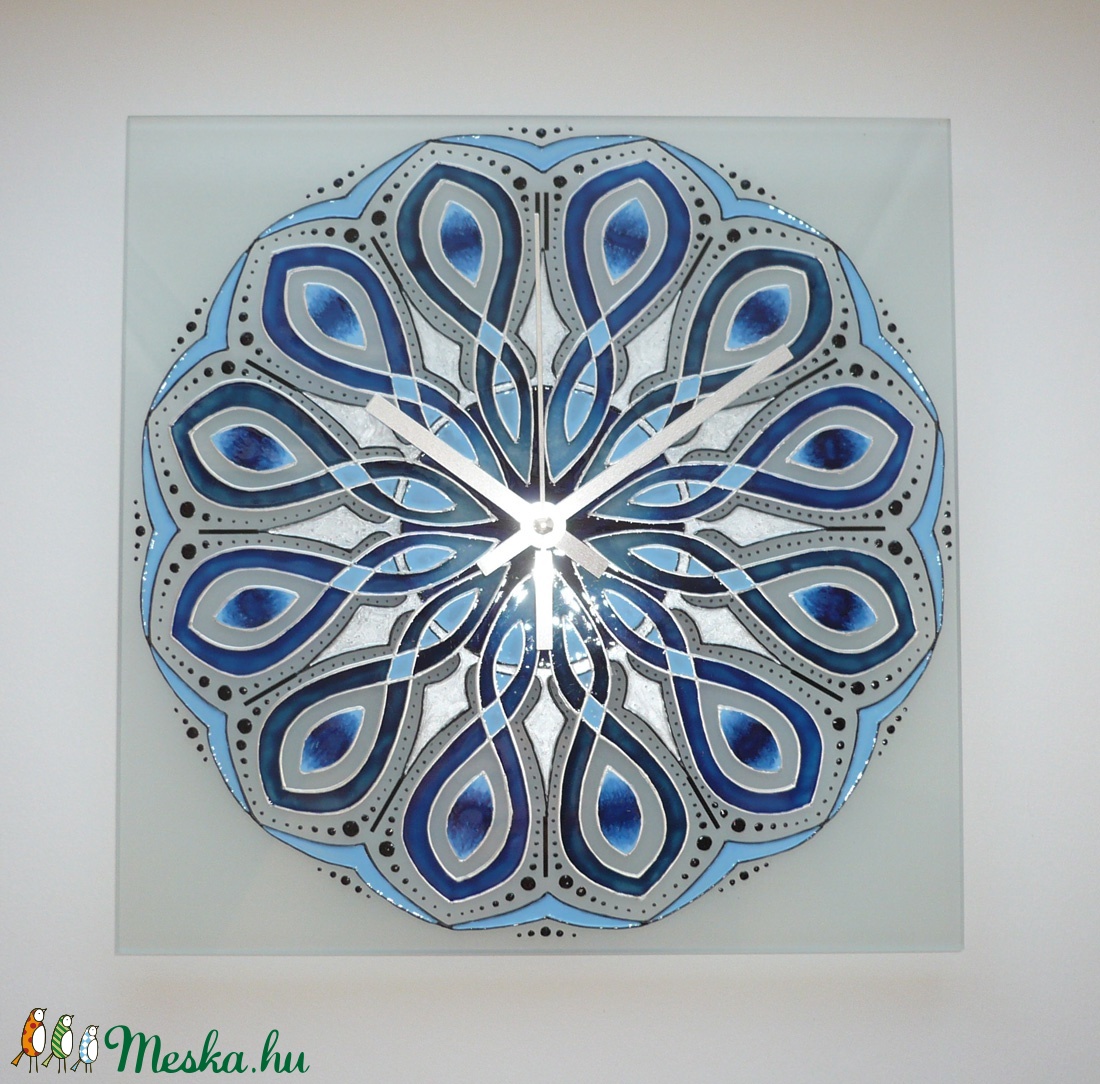 Kék-ezüst nagy Mandala - egyedi festett mandala üveg falióra - otthon & lakás - dekoráció - Meska.hu