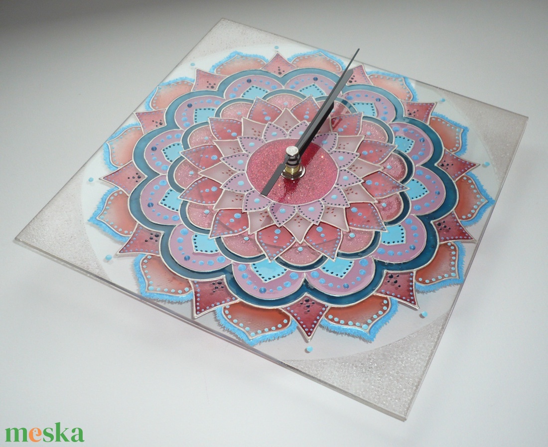 Pasztell korall-rózsaszín-teal Mandala - egyedi festett négyszögletes mandala üveg falióra - otthon & lakás - dekoráció - fali és függő dekoráció - falióra & óra - Meska.hu