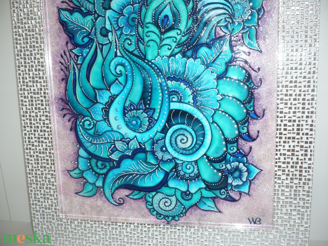 Türkizkék Zentangle - üvegre festett falikép, festmény - művészet - festmény - üvegfestmény - Meska.hu Türkizkék Zentangle - üvegre festett falikép, festmény - művészet - festmény - üvegfestmény - Meska.hu