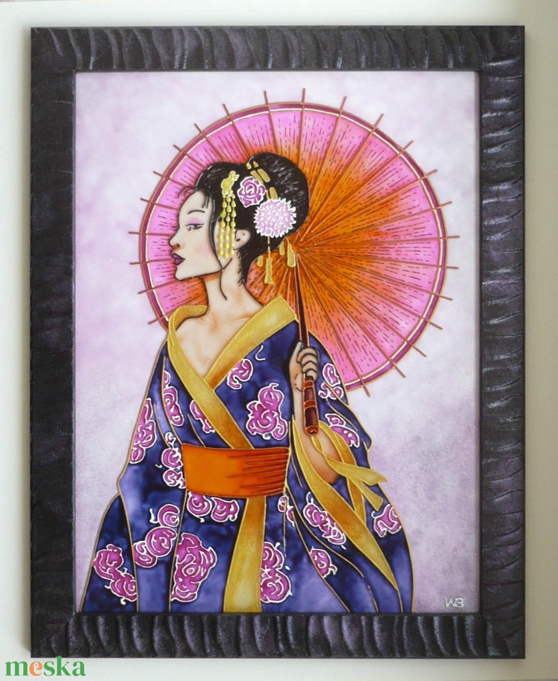 Gésa lilában, napernyővel - üvegre festett falikép, festmény - művészet - festmény - üvegfestmény - Meska.hu