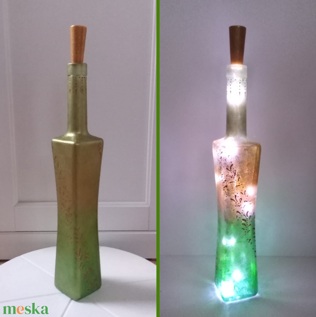 Zöldarany indamintás lámpás - egyedi festett üveg bottlelamp - otthon & életmód - lámpa - hangulatlámpa - Meska.hu
